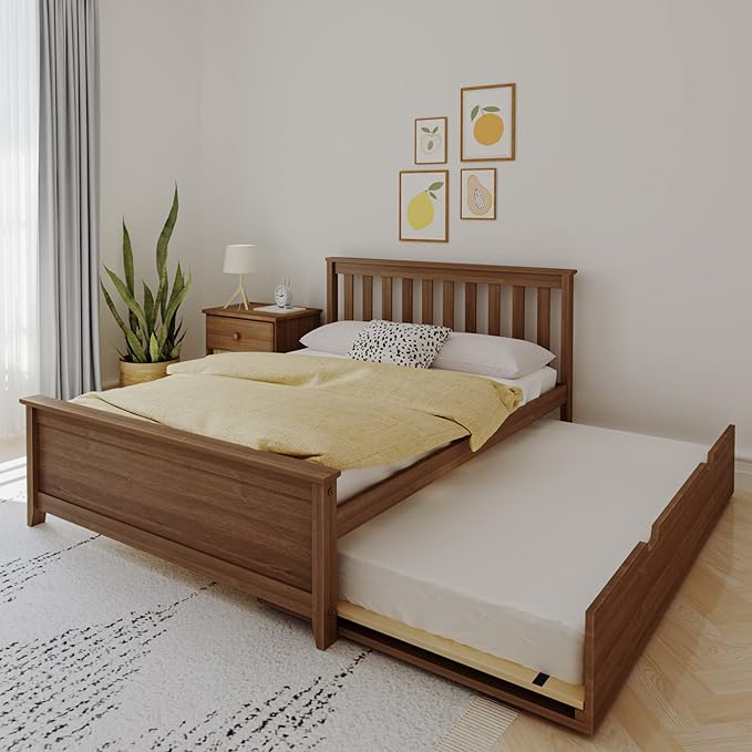 Max & Lily Full Bed, Wood Bed Frame with Headboard for Kids with Trundle, Slatted, Walnut