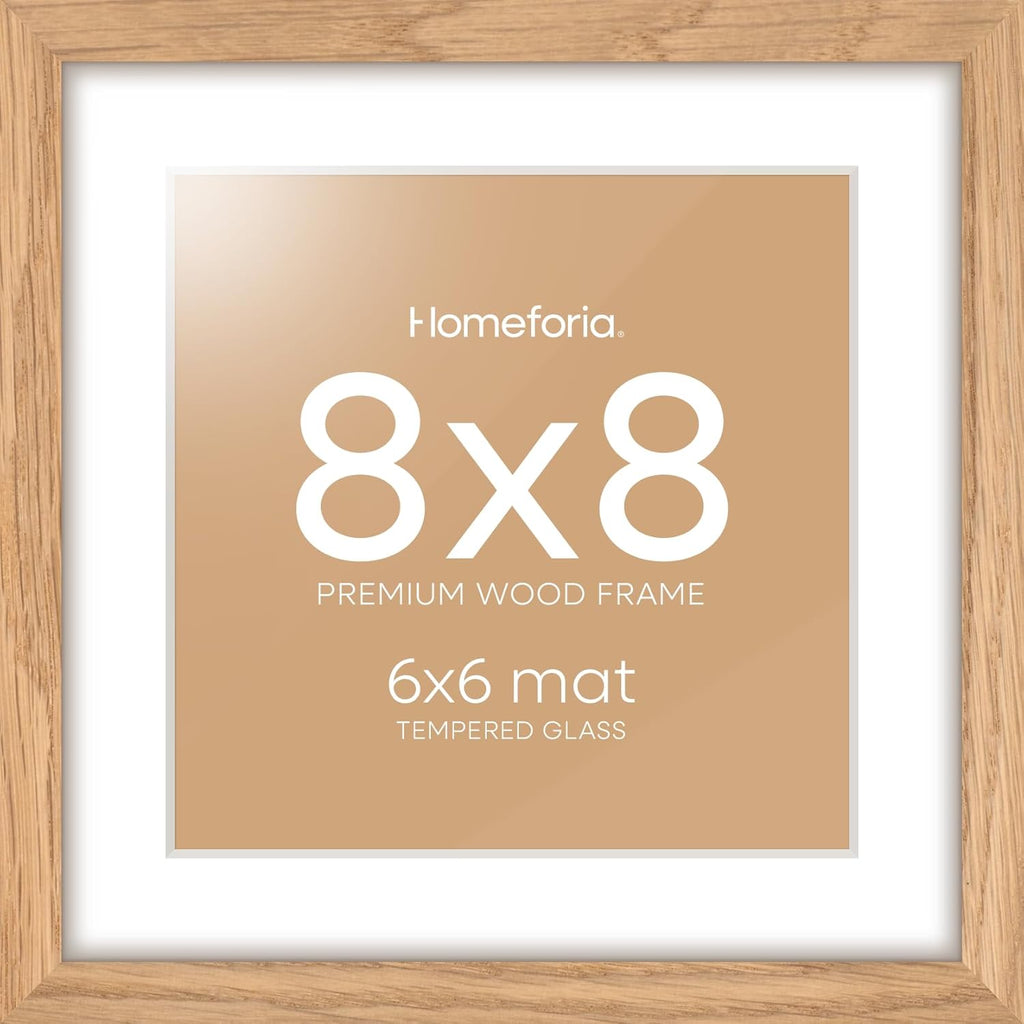 Homeforia 8x8 Picture Frames Wood, High-End Natural Oak 8 x 8 Square Frames with Mat 6 by 6 inch Photo, 8by8 Light Wooden Frames Matted to 6x6 Print, Tabletop Frame, Tempered Glass, Wall Kit, Set of 1