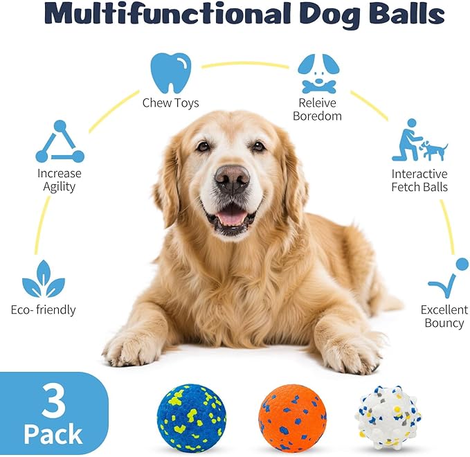 HIPPIH Dog Balls Interactive Tennis Balls for Dogs, Dog Toys for Aggressive Chewers, Tough Puppy Chew Toys for Teething, 3" Fetch Ball Water Toy for Small/Medium Breed, High Bouncy & Floating, 3 Pack