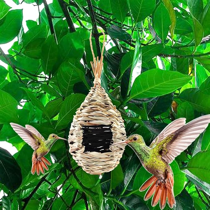 TIHOOD 4PCS 9.2 x 4 Inches Hand Woven Hummingbird House,Bird Hut and Hummingbird Houses Nest, Small Hanging Bird & Chickadee House for Finch & Canary in Outdoor
