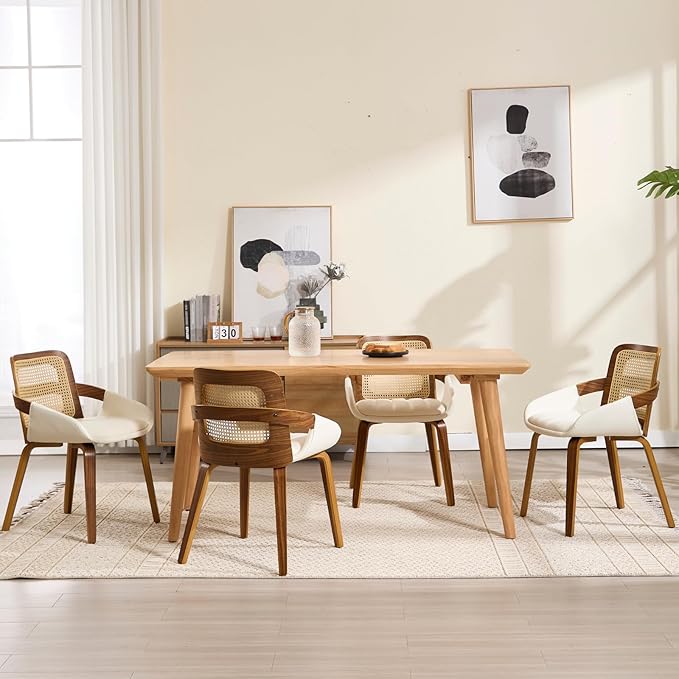 DUOMAY Modern PU Leather Dining Chairs Set of 4, Cane Back Room Chairs with Solid Wood Legs Kitchen Chairs for Living Room, Restaurant, White