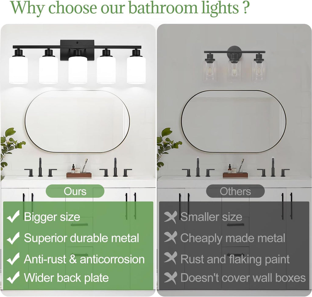 5-Light Black Bathroom Vanity Light Fixture with Milky White Frosted Glass Shades, Bathroom Light Fixture for Mirror, Matte Finish, Reversible Up/Down Lighting for Bedroom, Living Room, Hallway