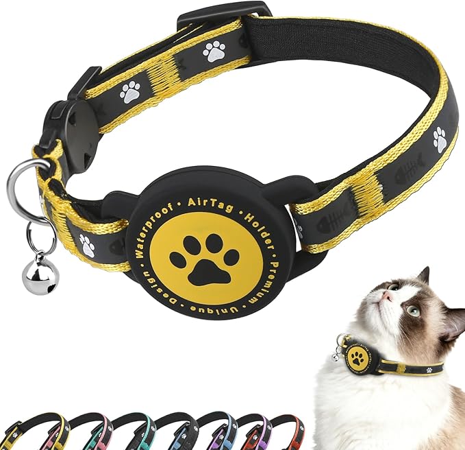 Airtag Cat Collar Breakaway, Reflective Cat Collar with AirTag Holder and Bell, Compatible with Apple Air Tag, Comfortable Padding, Adjustable, Durable (Yellow, XS)