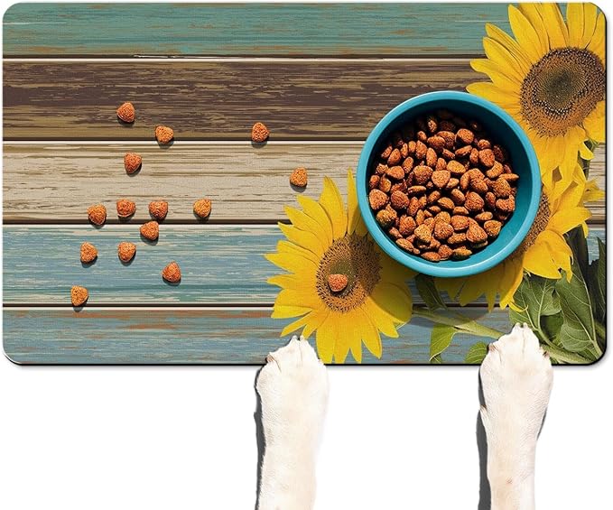 Dog Food Mats for Floors Absorbent, Cat Food Mat - Pet Cat Feeding Mat Quick Dry, Dog Bowl Mats for Water, Pet Supplies Feeding Placemat 12" x 20" Sunflower