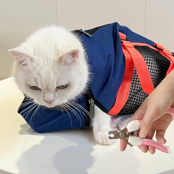 Cinf Cat Nail Clipping Cleaning Grooming Restraint Bag No Scratching Biting for Bathing Nail Trimming Injecting Examining(Navy Blue,M)