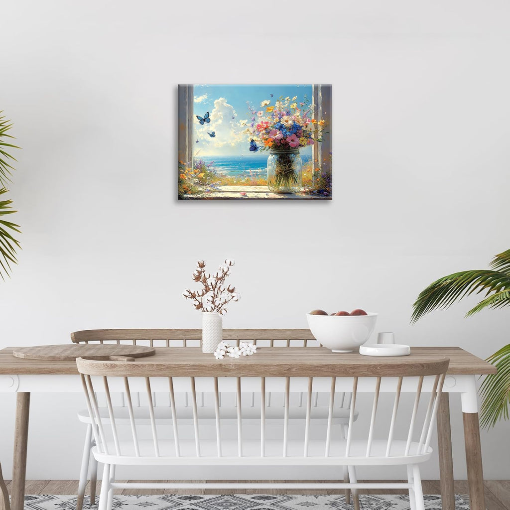 Beach Floral Bathroom Pictures Wall Art, Colorful Flower Bathroom Wall Decor, Coastal Ocean Framed Painting Canvas Artwork for Bedroom Living Room Decorations 20"L x 16"W