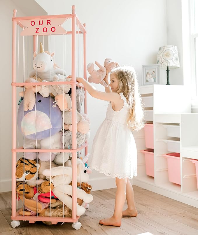 Mloong Stuffed Animal Zoo Storage, Pink Wood Stuffed Animal, Gift for Nursery Playroom Kidroom Bedroom (54inch)