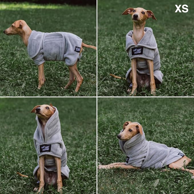 Tuff Pupper Fast Drying Dog Bath Robe | 800 GSM Plush Dog Towel Bathrobe/Dressing Gown | Super Absorbent Pet/Puppy Bathrobe | Adjustable Hood & Belly Strap | Super Soft | Fast Drying (XS, Gray)