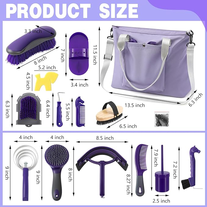 Abbylike 15 Pieces Horse Grooming Kit with Organizer Tote Bag Tack Room Supplies Horse Brush Sets Care Equine Cleaning Kit Shedding Grooming Massaging Tools(Purple and Grey)