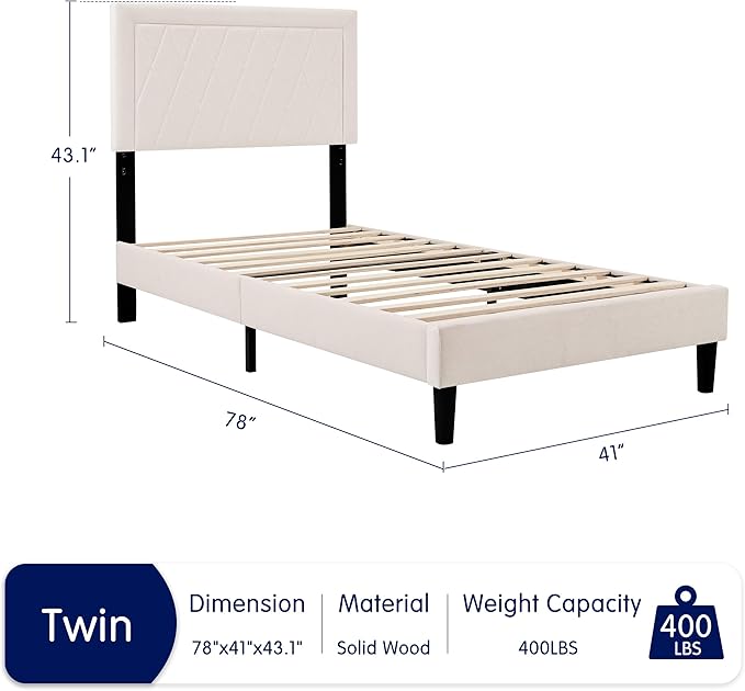 Hokway Bed Frame Upholstered Platform Bed with Headboard Wooden Slat Support No Box Spring Needed(Twin, Soft Beige)