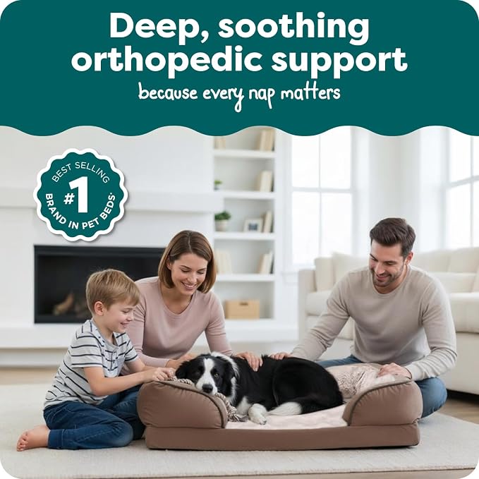 Furhaven Orthopedic Dog Bed for Large/Medium Dogs w/ Removable Bolsters & Washable Cover, For Dogs Up to 55 lbs - Plush & Velvet Waves Perfect Comfort Sofa - Brownstone, Large