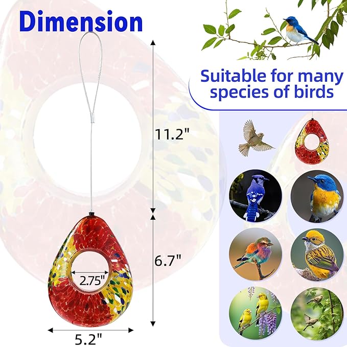 VOREEN Glass Bird Feeder, Handcrafted Hanging Fly-Through Feeder for Outdoor Garden & Backyard, Decorative Wild Bird Feeder with Steel Wire Cable，Red.