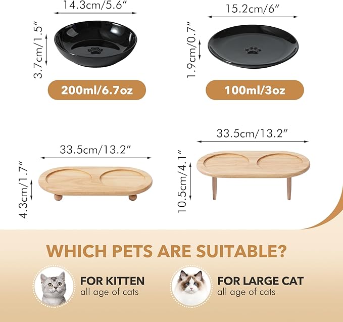 Raised Ceramic Cat Dishes, Food& Water Bowl with 2 Style Stand Adjustable Raised Pet Bowl Set, Anti Whisker Fatigue(2Dish+2Shallow Dish+Stand, Black