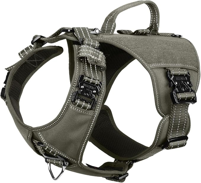 ICEFANG Quick-Moving Tactical Dog Harness for Large Dogs,No Pull Dog Vest | Control Handle,Reflective,Full Metal Buckles,Adjustable,Hook-and-Loop Panel,Soft Padded,Green,Large