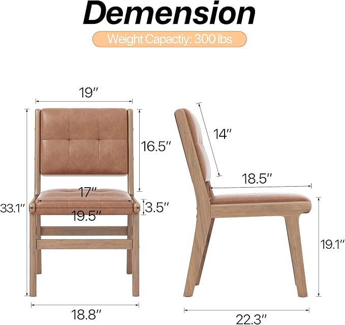 KCC Modern PU Leather Dining Chairs Set of 2, Upholstered Kitchen Chairs with Solid Wood Legs and Comfortable Seat for Dining Room/Lounge/Bedroom(Brown)