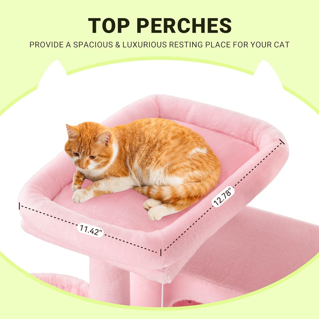 Allewie 64 Inches Cat Tree Tower/Multi-Level Activity Center for Indoor Big Felines/2 Plush Condos/2 Perchs/Basket/House/Sisal Scratching Posts/Hanging Cat Toys/Pink