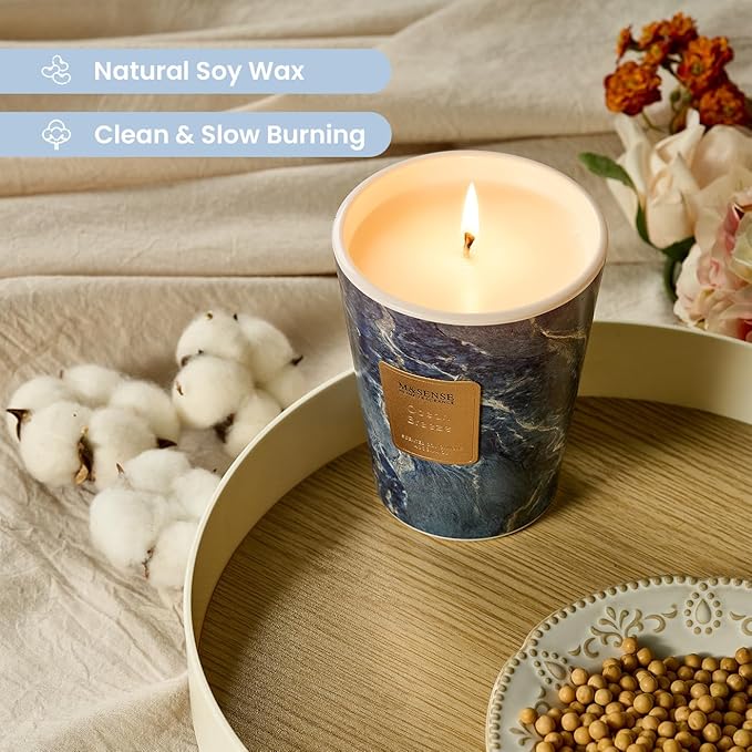 M&SENSE Ocean Breeze Scented Soy Candle, 3 Wick Highly Scented 14.1 Oz 80H, Aromatherapy Christmas Gift for Women and Men