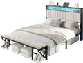 Full Bed Frame with Folding Bench and Charging Station, Velvet Upholstered Headboard with LED Light and Storage Shelf, Heavy Duty Metal Slats/No Box Spring Needed/Easy Assembly, Beige
