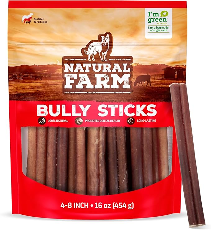 Natural Farm Odor-Free Bully Sticks (4-8”, 16oz) ALL-NATURAL Long-Lasting Chews, 100% Beef Pizzle, Grass-Fed, Grain-Free, Hormone-Free, Protein for Muscle Development & Energy, Perfect For Medium Dogs