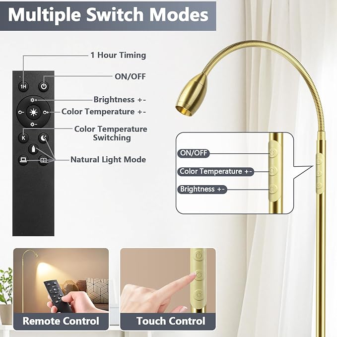Reading Floor Lamp, 72" Tall LED Lamp with Flexible Gooseneck, Dimmable Zoomable Spotlight, Adjustable Color Beam Standing Lamp, Touch & Remote Control, Task Craft Bedroom Living Room (Antique Brass)