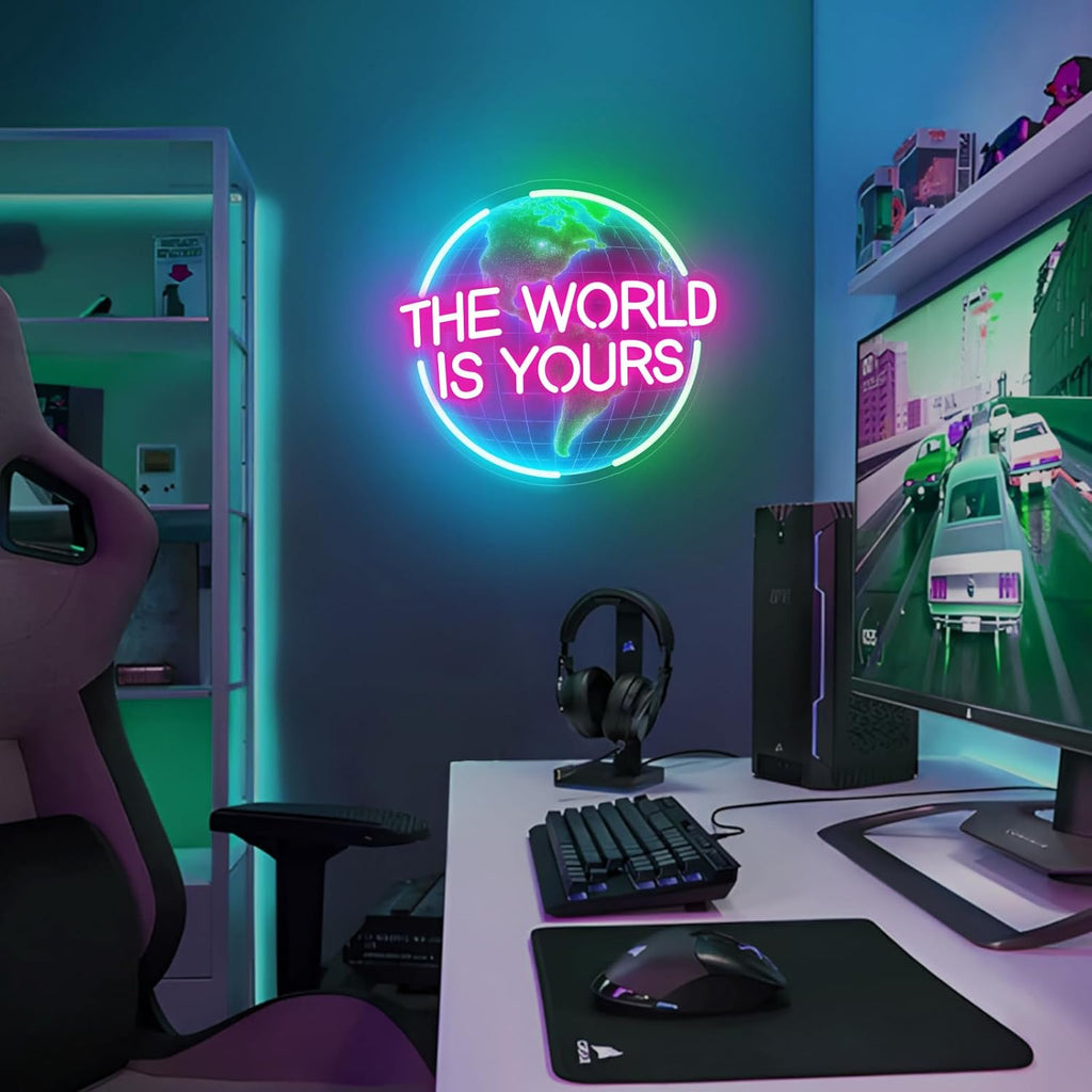 The World Is Yours Neon Sign for Wall Decor, Earth Neon Light with Dimmer, for Man Cave Boy Room Decor, Gift for Man Boyfriend, Decoration USB Powered with Switch