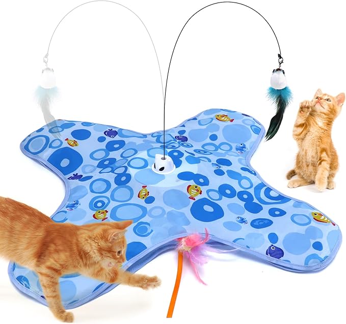 DFQ Cat Toys,3 in 1 USB Rechargeable Automatic Kitten Toy,Flying Bird Kitten Wand,Hide and Seek Exercise Kicker for All Breeds Indoor Adult Cats(Blue Fish with Pole)