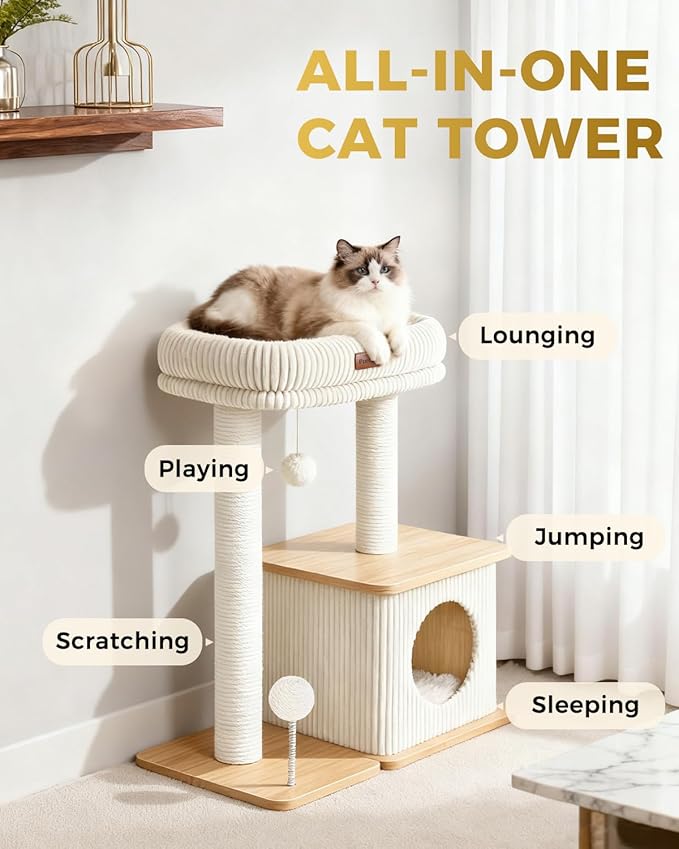 Modern Cat Tree for Indoor Cats, Nordic Loft Style, Wooden Cat Tower with Sisal Scratching Posts, Soft Padded Beds & Cozy Condos, Floor-Mounted for Kittens & Adult Cats