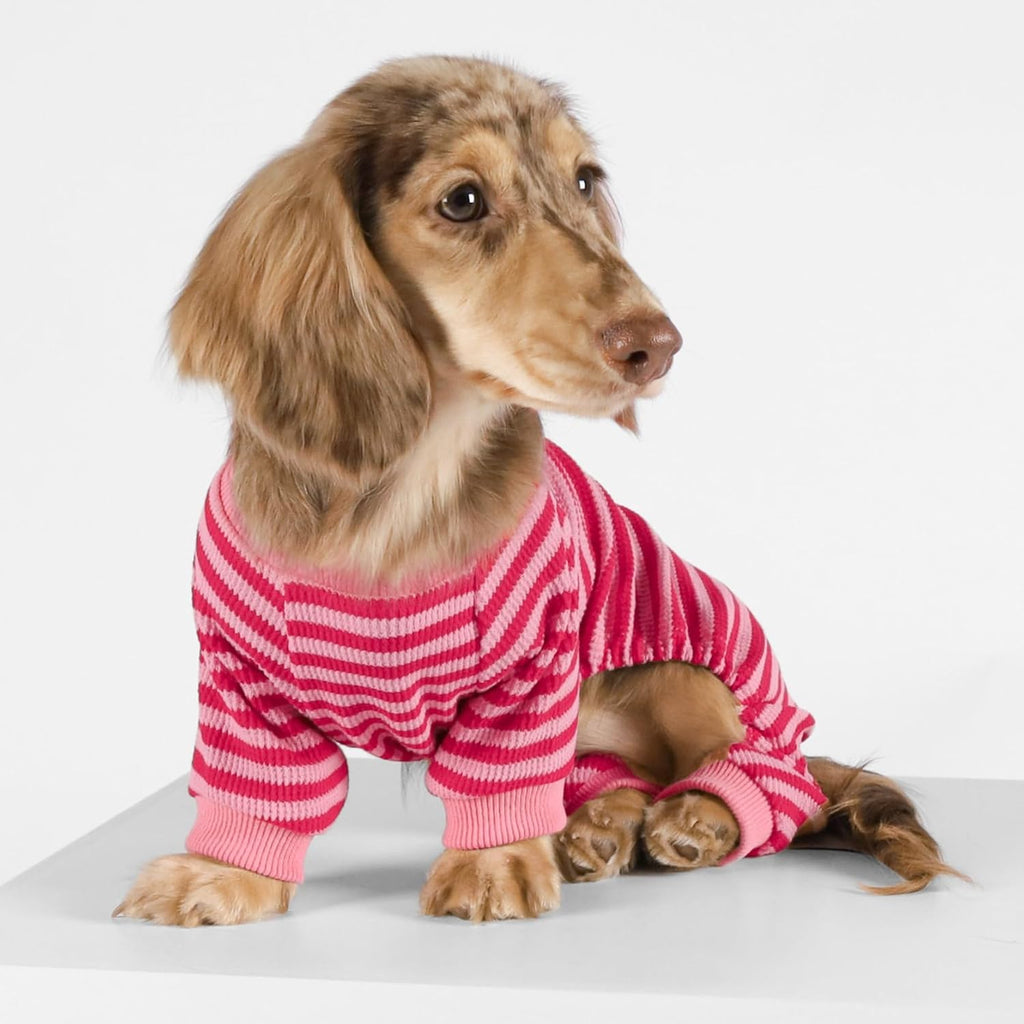 Fitwarm Pink and Red Striped Dog Pajamas, Waffle Dog Clothes for Small Dogs Girl Boy, Puppy Onesie with Feet, Pet Cat Outfit, Medium