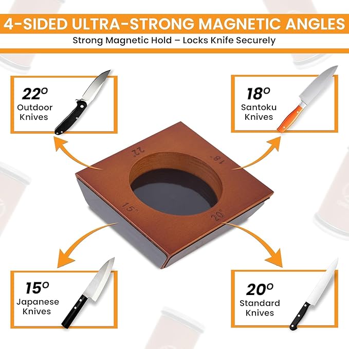 Rolling Knife Sharpener Kit – Magnetic 4-Angle Base, 3.86 Inches Longer Wooden Roller, 4 Grit Discs (1000/400 Diamond & 3000 Maroon / 6000 White Ceramic) and Leather Strop