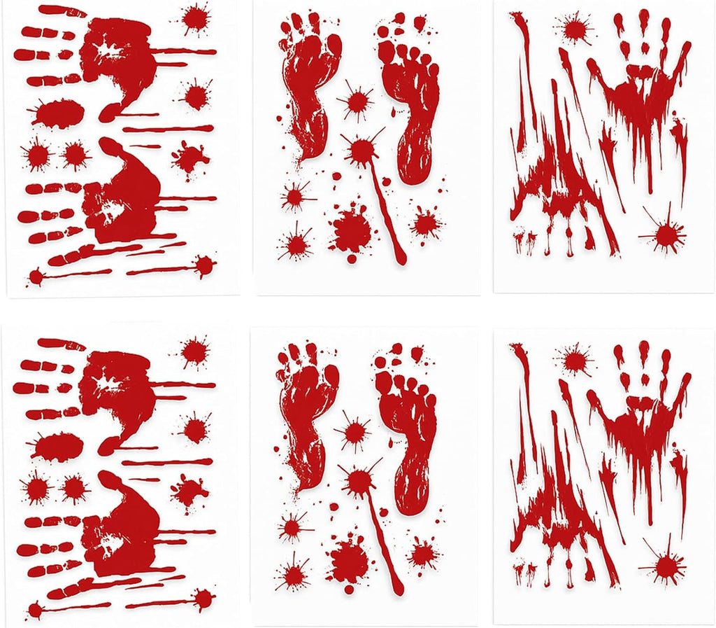 6 Pieces Bloody Handprint Window Clings – Horror PVC Stickers with Blood Splatter, Handprints, and Footprints for Scary Halloween Party Decorations, Haunted House, and Spooky Indoor Outdoor Décor