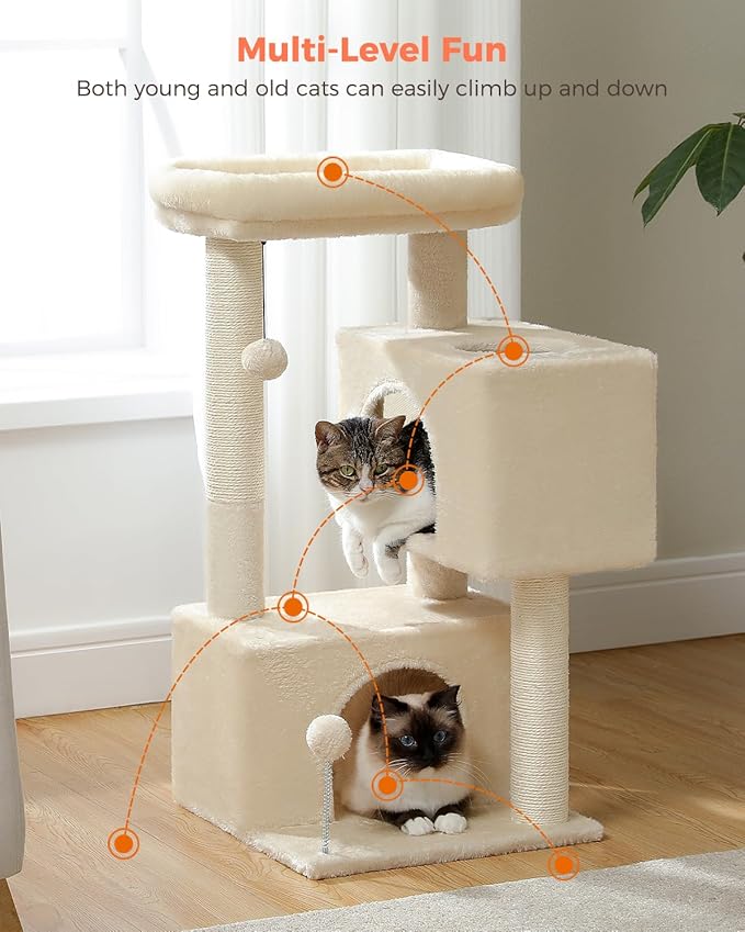 32" Cat Tree Tower for Indoor Cats - 2 Cozy Condos, Multi-Level Cat Scratching Posts with Sisal, Soft Padded Perch, 2 Dangling Toys, Beige