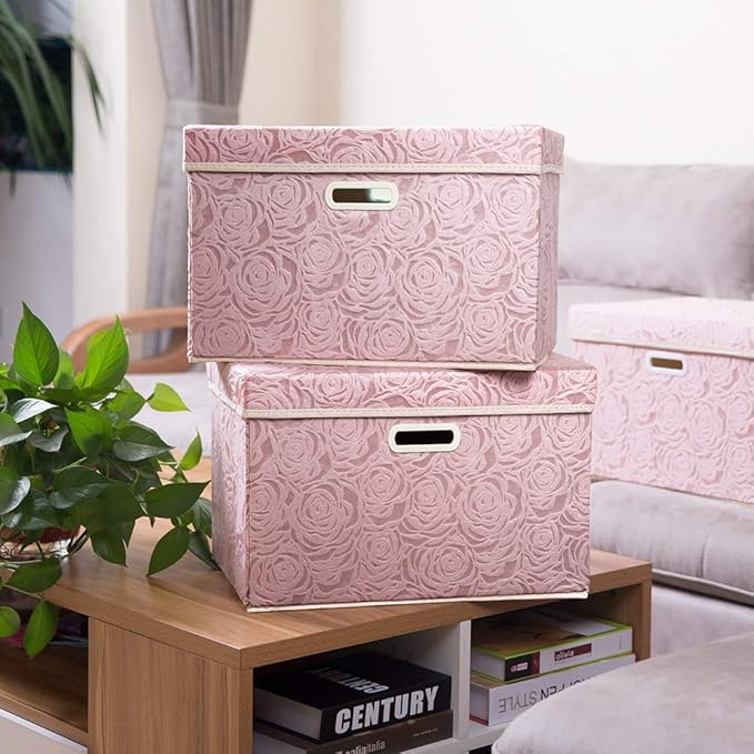 PRANDOM Larger Collapsible Storage Boxes with Lids Fabric Decorative Bins Cubes Organizer Containers Baskets Handles Divider for Bedroom Closet Living Room Pink 17.7x11.8x11.8 Inch 3 Pack