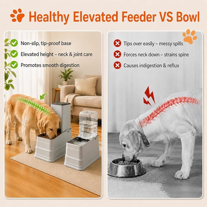 Marchul 1.1Gallon Elevated Dog Feeder and Water Dispenser, Adjustable Gravity Pet Feeder and Water Set with Stainless Steel Bowls, Designed to Protect Dog‘s Neck, Joints, Perfect for Cats and Dogs(4L)