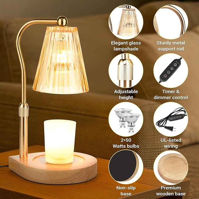 Candle Warmer Lamp with Timer Dimmer Adjustable Height, Gift for Women Mom, House Warming New Home Cozy Decor, Wax Melt Warmer for Jar Candles with 2 Bulbs