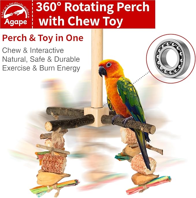 Agape Rotating Parrot Perch Toy with Chew Toy, Natural Wooden Perch Stand for Small & Medium Birds, Bird Cage Accessory with Exercise Wheel for Parakeets Cockatiels Lovebirds Conures Finches Budgies