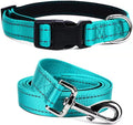 Soft Neoprene Padded Dog Collar and Leash Set for Small Medium Large Dogs, Reflective Durable Nylon Dog Collar with 5ft Leash Easy for Walking, Teal,Neck fit 10.5-15.5’’