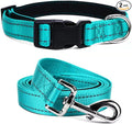 Durable Reflective Dog Collar and Leash Set with Double Layer Nylon, Soft Neoprene Padded Dog Collar with 5ft Strong Pet Leash Easy for Medium Large Dogs Walking,Teal,Neck fit 14.0-23.5’’
