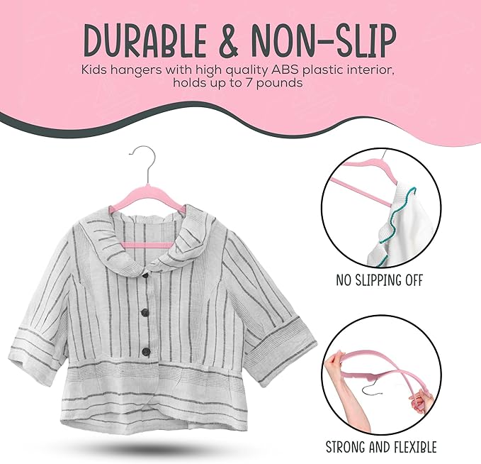 25 Premium Kids Velvet Hangers - 14" Non-Slip Clothes Hangers for Kids & Preteens - Ultra Slim, Space-Saving, Strong & Durable Hangers with 360° Swivel Hook - Pink