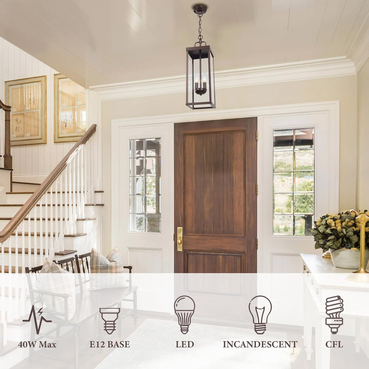 Large Outdoor Pendant Lantern Light Fixture for Front Porch, 20 Inch 2-Light Bronze Exterior Hanging Chandelier with Clear Glass, Outdoor Indoor Pendant Lamp for Patio, Gazebo, RZ008M-H ORB