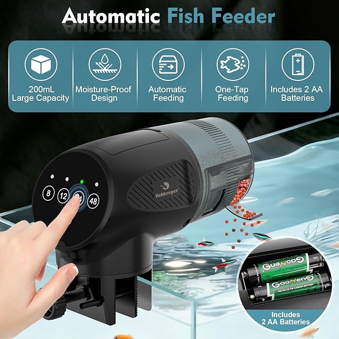 fishkeeper Automatic Fish Feeder for Aquarium: Moisture-Proof Auto Feeders Dispenser for Small Tank Turtle Betta Koi - Battery Food Feeding Timer for Flakes Pellet Vacation Weekend Day