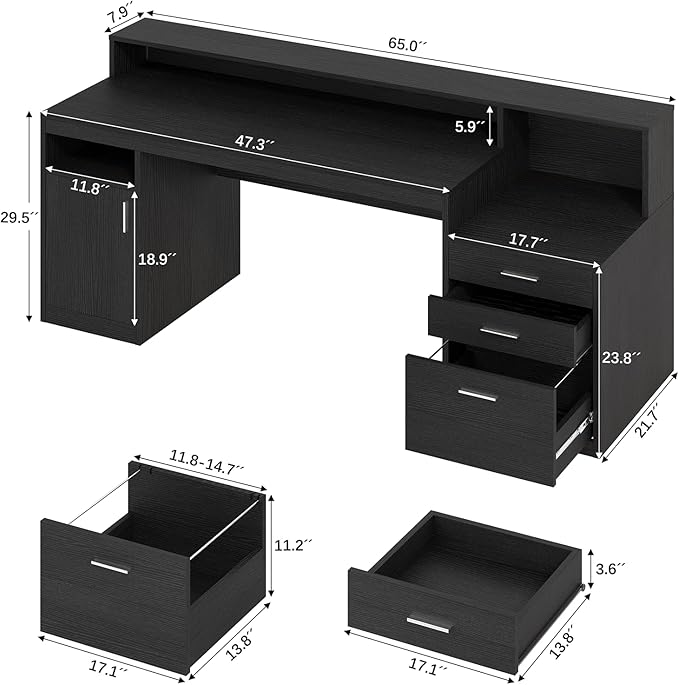 Computer Desk with 3 Drawer & Storage Shelves, Home Office Desk with File Drawer & Cabinet, Writing Study Table with Long Monitor Stand & Printer Shelf, Executive Desk, Black