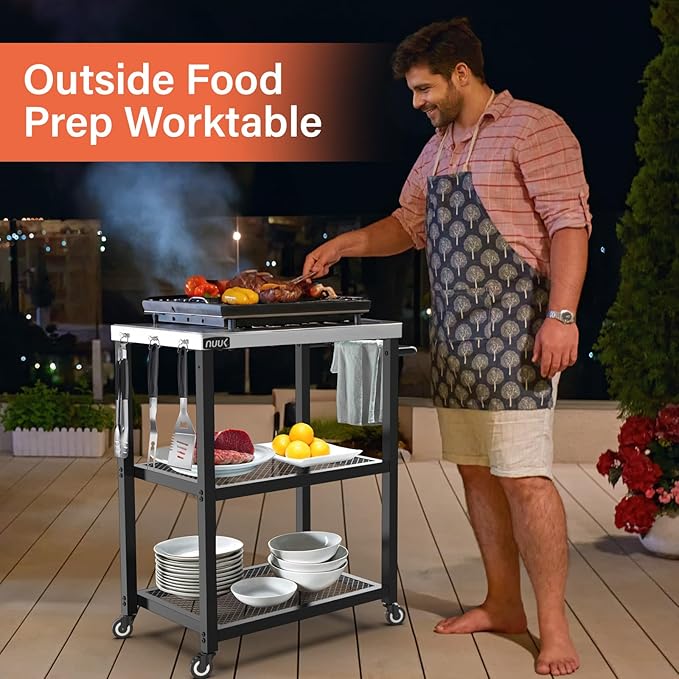 NUUK Grill Cart 16" x 24" Dining Prep Table 3-Shelf Kitchen Worktable Rolling Outdoor Pizza Oven Carts with Stainless Steel Top for Outside BBQ Tables