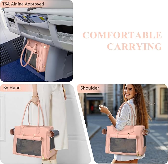 Minsong Fashion Pet Carrier Purse for Small Cat and Dog, Luxury Pu Soft-Sided Tote Bag with Large Pockets for Dogs and Puppies (Pink, 15.8" L x 7.5" W x 11.8" H)