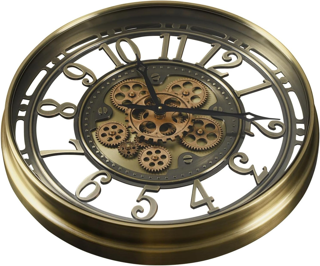 CLXEAST 21 Inch Industrial Moving Gears Wall Clock,Modern Farmhouse Arabic Numeral Battery Operated Silent Wall Clock for Living Room Decor,Brushed Gold,House Warming Gifts New Home