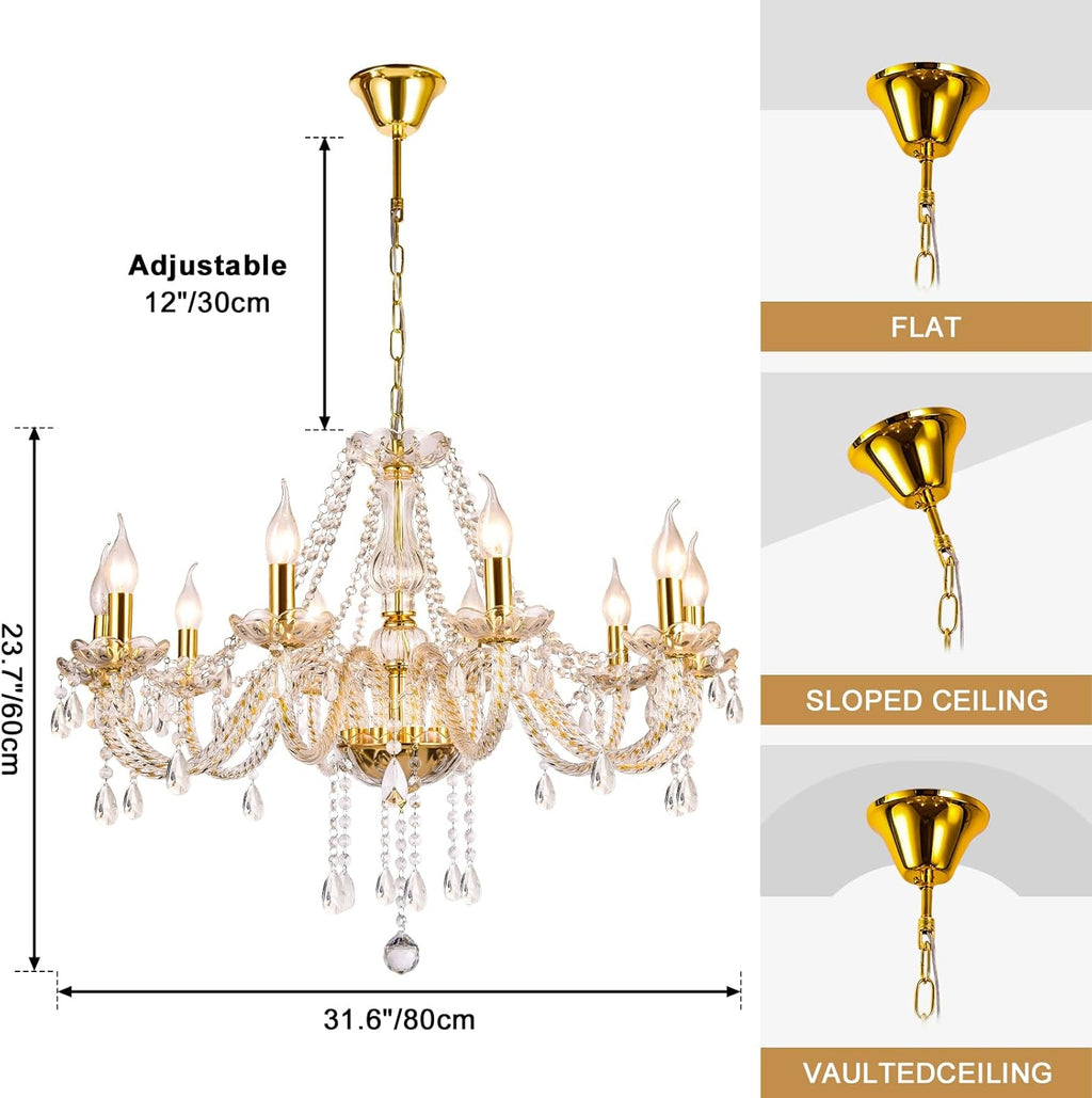 Modern Elegant 10 Lights K9 Crystal Glass Chandelier Golden Pendant Ceiling Lighting European Style for Dining Living Room Bedroom Transparent, 10 E12 Bulbs Required