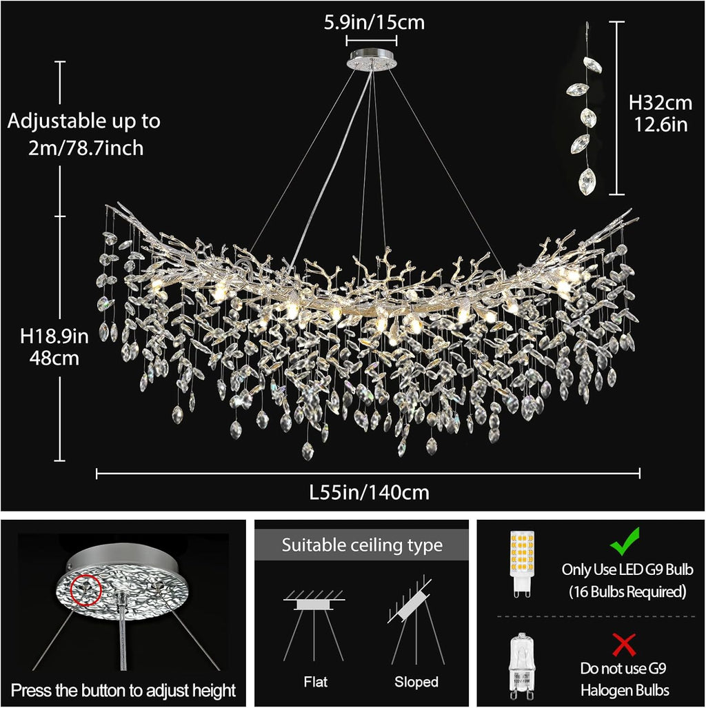 Modern Crystal Silver Chandelier, 55" Large Rectangular Oval Tree Branch Crystal Chandeliers for Dining Room,16-Light Flush Mount K9 Crystal Chandeliers, for Kitchen Island,Dining Room