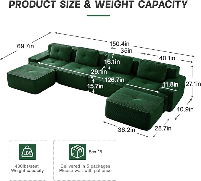 150" Modern Corduroy Cloud Sofa with Ottoman, U Shaped Boneless Modular Large Sectional Couches for Living Room, Green 4 Seater Compressed Memory Foam Couch, Extra Deep Seat, No Assembly