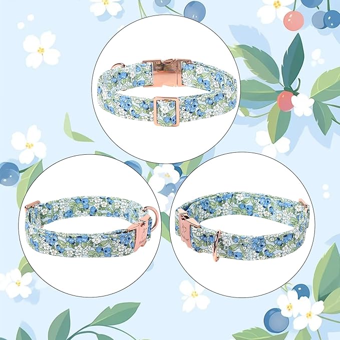 Blueberry Garden Dog Collar, Spring/Summer Cottagecore Floral Dog Collars, Adjustable Heavy Duty Girl Dogs Collar for Small Medium Large Dogs with Metal Buckle M