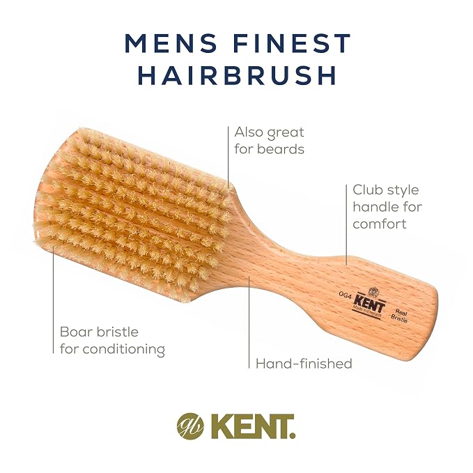 Kent OG4 Rectangular Beachwood Gentlemen's Hair Brush and Facial Brush for Beard Care - Exfoliating Natural Boar Bristle Brush for Mens Grooming, Hair Care, and Beard Straightener for Men's Skin Care