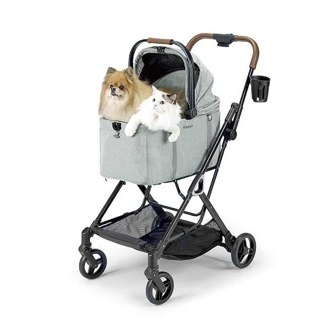 ibiyaya Tinker Pet Stroller for Small Dogs and Cats – 3-in-1 Pet Carrier, Dual-Opening Canopy, No-Flat Wheels, Vegan Leather Handle, Large Storage Basket (Sage Green)